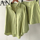 Retro Large Size 2023 Summer Cotton and Linen Shirt Suit High Waist Loose Shorts Two Peice Set for Women Matching