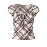 Fongt New Sexy Hot Girl Pleated Lace Bump Color Plaid Square Collar Slim Short-Sleeved T-Shirt