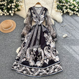 Fongt Retro Design Cross V-Neck Yarn Lantern Sleeve Strap To The Belt Print Big Swing Ponve Dress