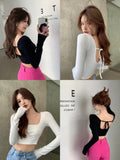 Fongt Girl Square Collar Long-Sleeved T-Shirt Female Autumn 2023 New White Strap Short Back Slim Bottom