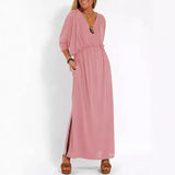 Fongt Summer 2025 Fashion Solid Color High Waist Open Fork Short Sleeve Dress