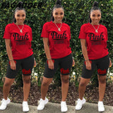 Summer Casual PINK Letter Print Two Piece Sets Women Short Sleeve Top And Skinny Pants Tracksuits Famale 2pcs