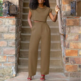 Women Pants Sets 2022 Female Casual Solid Color Round Neck Short Sleeve Tops High Waist Zipper Pants Office Long