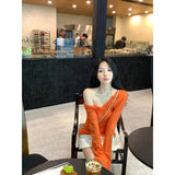 Fongt Thin Wears Slimy Shoulder T-Shirt Top High Waist Straight Bag Hip Skirt Two Sets