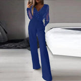 Women's Elegant Fashion Solid Color V-Neck Mesh Splicing High-Waist Pocket