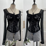 Fongt Shot With Chest Pad Hottie Letter-Print Lace Splicing Mesh T-Shirt T-Shirt 6231