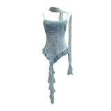 Fongt Lace Splicing Irregular Lotus Leaf Edge Ribbon Sling Vest Round Neck Sexy Sleeveless Top 1218