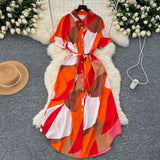 Fongt Short-Sleeved Dress Women Autumn Polo Tie Straps To The Waist Design Small Chic Temperament Long Dress