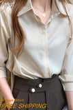 Women's Silk Shirts V-neck Solid Laides Tops Womens 2023 Spring Fashion Satin Long Sleeve Blouses Button Up White OL Vintage