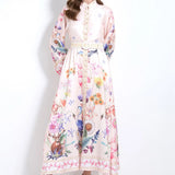 Fongt Court Elegant Fashion Print Single-D Row Lantern Sleeve Dress Women's Waists Thin Big Brand Long Dress