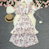 Fongt Wind Temperament Sweet Broken Flower V Collar Dress Beach Vacation Snow Spinning A Word Long Skirt-Outfit