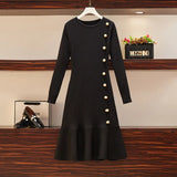 Winter Vintage Elegant Knit Black Red Party Dress Women Long Sleeve Buttons Sweater Warm Mermaid