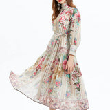 Fongt Court-Styled Dress Women's Lantern Sleeves With Belt Strap Single Buckle Design Temperament Long Dress