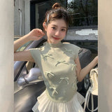 New Sweet Half-High Collar Slim Short Blouse Trend Sweet Wind Bow Small Flying Sleeve T-Shirt
