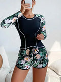Fongt New Surf Suit Long Sleeve Anti-Diving Suit Print Flat Horn Split Body Conservative Swimsuit