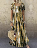 Fongt Summer Dress Wish Round Collar Short Sleeve Tie-Dye Print Skirt Big-Outfit