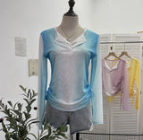Fake Two Sunscreen Long-Sleeved T-Shirt Women Autumn Design Dizzling Drawstring Folding Short Top