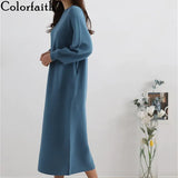 New 2021 Autumn Winter Women Dresses Mid-Calf Knitting Straight Sweaters Korean Style Elegant Solid Dresses