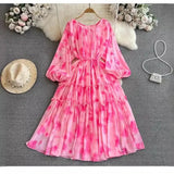 Fongt New Gentle Style Temperament Long-Sleeved Round Recipient Waist Thin Print Chiffon Big Swing Long Dress Woman
