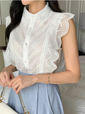 Ruffles Shirts & Blouses Turn Down Collar Blusas Sleeveless Camisas Gentle Ropa Mujer 2024 Summer Single Breasted Tops-Outfit
