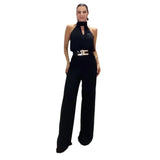 Fongt New Fashion Hollow Round Collar Sleeveless Jacket Wide Leg Pants Temperament Suit-Outfit