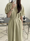 Fongt Chic Summer Retro Small Fresh Round Collar Tie Waist Show Thin Pleated Bubble Sleeve Dress Long Skirt Woman-Outfit