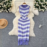 Fongt Slimming Striped Tuxedo Sweater Dress With Thin Knitted Dress Temperament Elegant