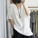 Fongt Version Of Cotton Shirt V Collar Large-Size Leisure Imitation Cotton Lining Jacket Solid Color Short-Sleeved Top Woman