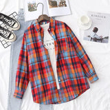 New Women Vintage Flannel Plaid Shirt Pockets Full Sleeve Turn Down Collar Loose Blouse Spring Female Casual Basic