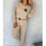 Fongt 2025 Solid Color Round Collar Trousers Women's Fashion Leisure Long Sleeve Set