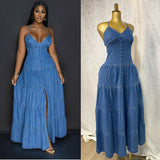 Fongt Women's Summer New Sexy Fashion V-Neck Suspension With Denim Dress Cake Dress
