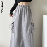 Women's Cargo Skirt Pockets Split Long Skirts Y2k Streetwear 2000s Aesthetic Drawstring Aesthetic Skirts High Waist A Line
