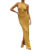 Fongt Women's Sleeveless Temperament Open-Fork Dress Summer Knitted Sling Slings Sexy Bareback Long Shoulder Skirt
