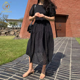 2022 New Fashion Korean Chic Summer Dress Elegant Temperament Lace Hollow Out Puff Sleeve High Waist Mid-Calf