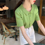 Fongt POLO Lapel Knit Cardigan Summer 2024 New Color Knit Short Sleeve Sweater Top-Outfit