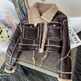 Lambswool Jacket Winter Thickened Plus Velvet Motorcycle Faux Leather Stitching Coat PU Plush Cardigan Stand Collar Tops-Outfit