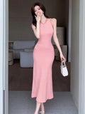 Shot South Korean Chic Summer High-Level Round-Collar Stripes Hit Color Splicing Bag Buttocks Slim Knitted Dress-Outfit