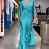 Fongt Summer New Fashion Sexy V-Neck Pleated Solid Color Loose Dress-Outfit