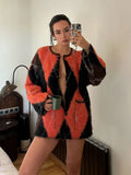 Orange Dimond Pattern Fuzzy Cardigan-Outfit