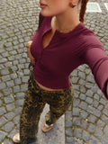 Buttoned Long Sleeve Solid Top-Outfit