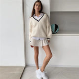 Autumn Winter Knit Korean Loose Pullover Sweatshirts Chic Tops White Long Sleeve V-neck Knitted Sweater Women's