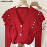 Women Cardigan Sweet Ruffles Chic Diamond Tunic Knitted Sweater Coat Sueter De Mujer Fashion Pull Femme Korean Tops