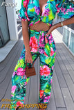 Neck Tops And Print Pants Bohemian Outfits Summer Elegant Women Holiday Two Piece Set Slim Fit Long Pants Lady Matching