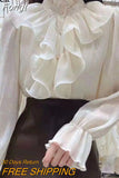 Spring Ruffle Stitching Palace Blouse Women Long Flare Sleeve Buttons Ruched Loose Top New Stand Collar Chiffon Shirt