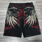 Denim Shorts Summer High Street Trend Small Gothic Style Printed Loose Straight Tube Wide-Legged Five-Cent Pants-Outfit