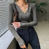 T-shirt Women's Long Sleeves V-neck Tops Autumn 2022 Cushioned Shoulder Tops Slim Bottoms Clothes New Office Lady