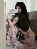 Pink Sweet Midi Skirt Women Korean Style Fluffy Elegant Cake Skirt Female High Waist Ruffle Casual Holiday Skirt