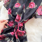 Fongt New Light Luxury Chiffon Print Dress Temperament Lotus Side Fishtail Dress Female Dress Thin