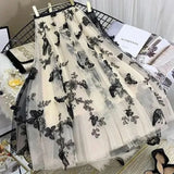 Fashion Butterfly Embroidery Mesh Skirt 2023 Summer New Office Lady Commute All-match Elastic Waist A-Line Midi Skirts-Outfit