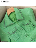 Summer Vintage Short Sleeve Turn-Down Collar Green Jumpsuits Women's Elegant High Waist Patchwork Single Breasted